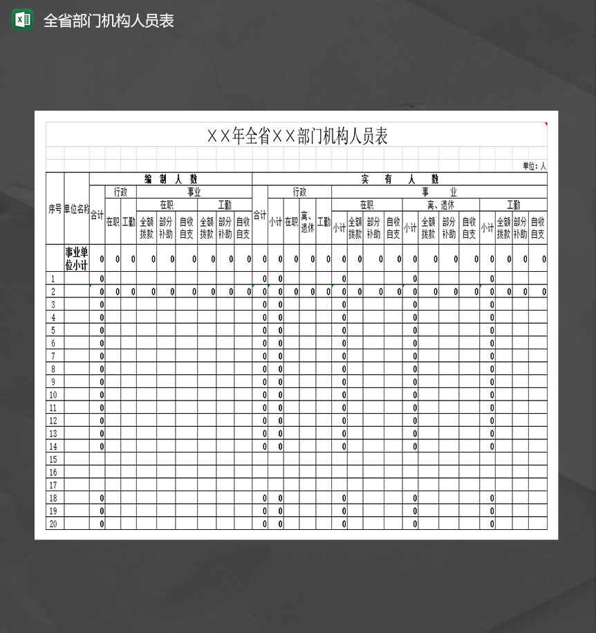 全省部门机构人员单位收支详情表Excel模板