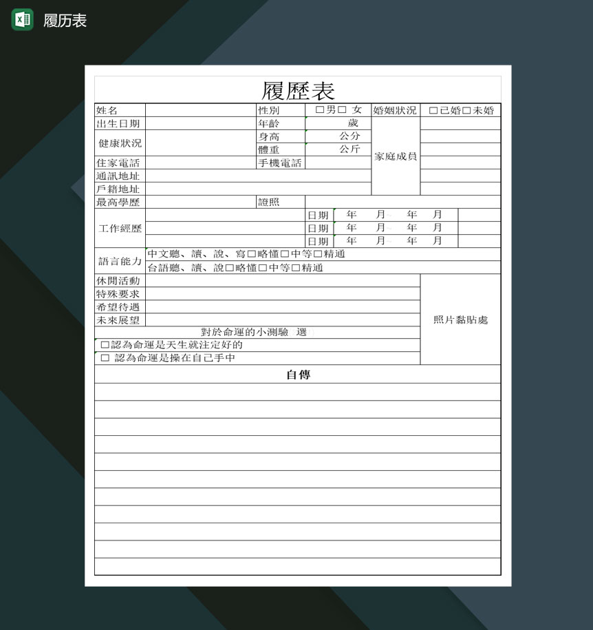 高校毕业生个人履历表Excel模板