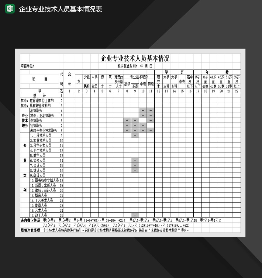 企业专业技术人员基本情况表Excel模板